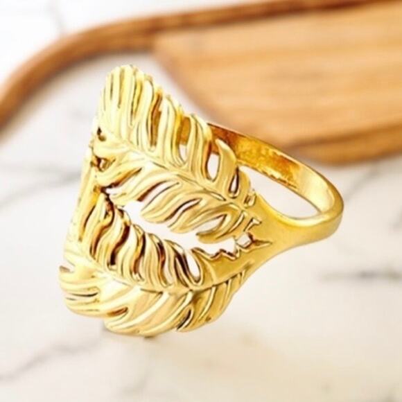 NEW 18K yellow gold plated boho feather leaf adjustable ring jewelry B28A - Picture 3 of 3